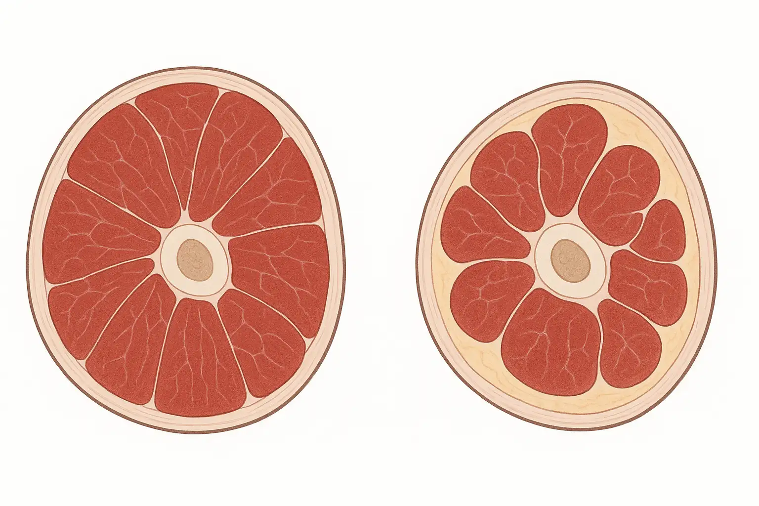 중년 남성의 허벅지 근육 단면, 젊은 근육과 노화로 줄어든 근육