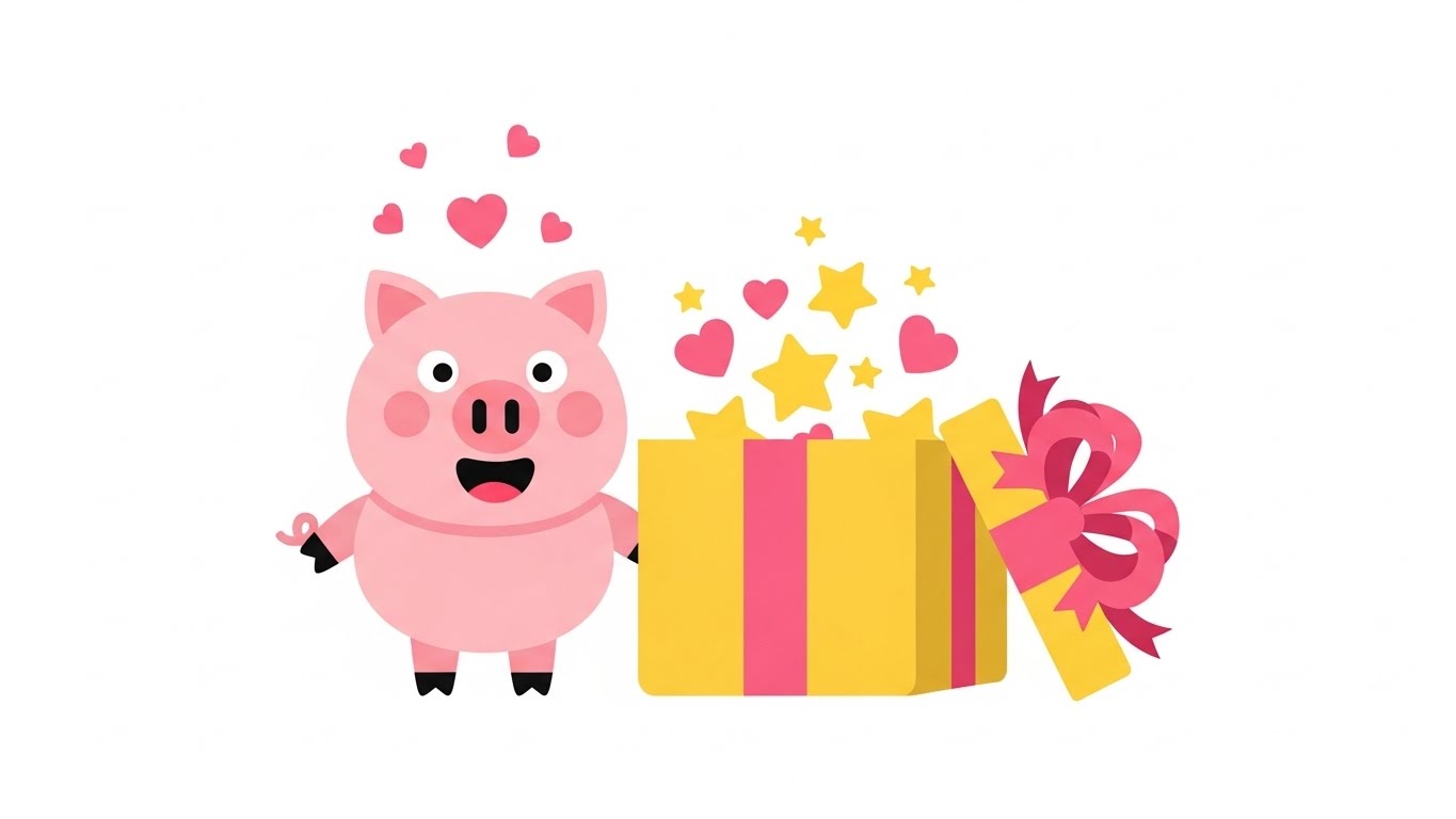 별과 하트가 가득 담긴 큰 선물 상자를 열고 기뻐하는 행복한 돼지 캐릭터 일러스트
