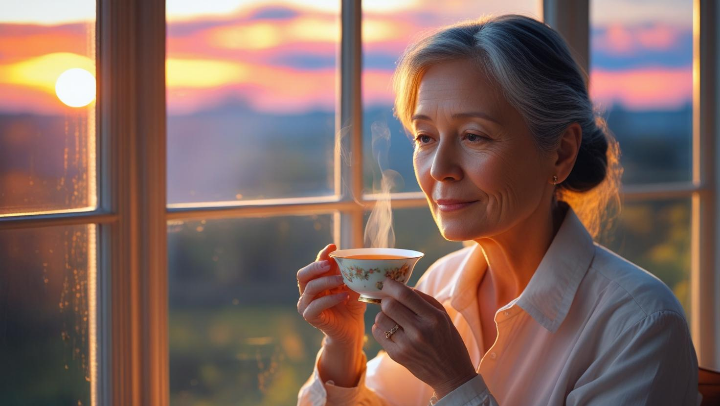햇살이 드는 창가에서 따뜻한 차를 마시는 중년 여성의 감성적 장면