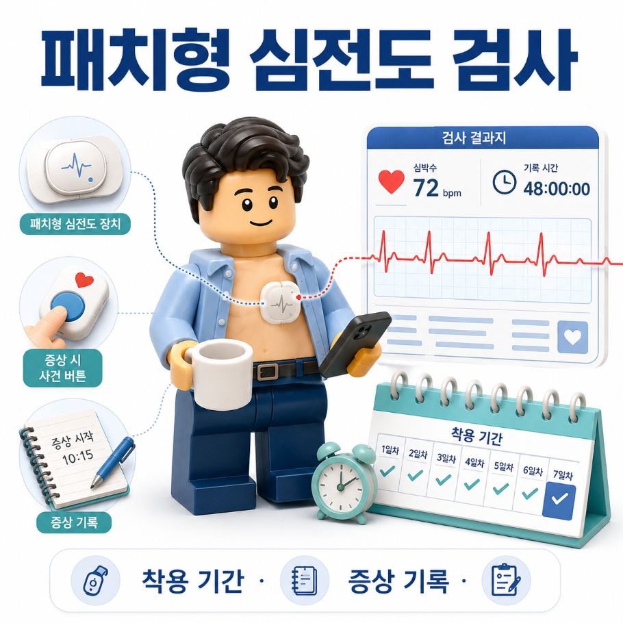 패치형 심전도 검사 장치와 ECG 결과지, 증상 기록 과정을 보여주는 의료 인포그래픽