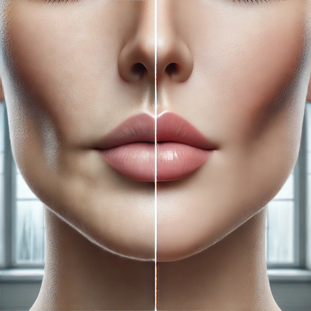 비침습적인 턱 리프팅 시술 전후를 극실사로 표현한 썸네일. 왼쪽은 이중턱이 있는 처진 턱선, 오른쪽은 리프팅된 날렵하고 탄력 있는 턱선이 강조된 이미지로, 미용 시술의 효과를 보여줍니다