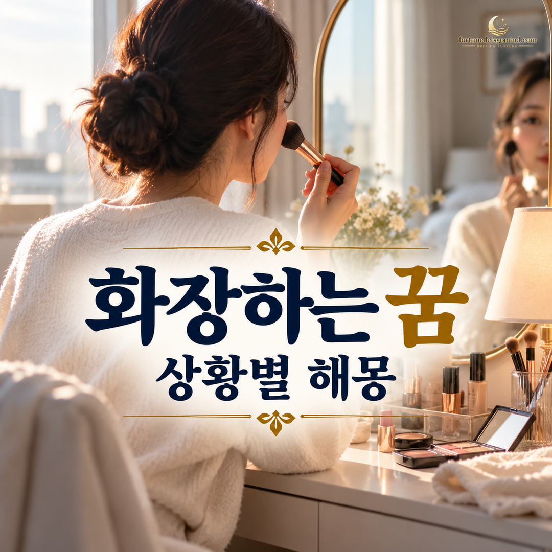 화장하는 꿈 제목과 거울 앞에서 메이크업을 준비하는 장면