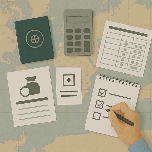 세계지도 배경의 책상 위에 여권과 계산기, 연금지급명세서, 원천징수 영수증, 환율표가 펼쳐져 있고 60대 수급자가 체크리스트를 확인하는 정면 구도