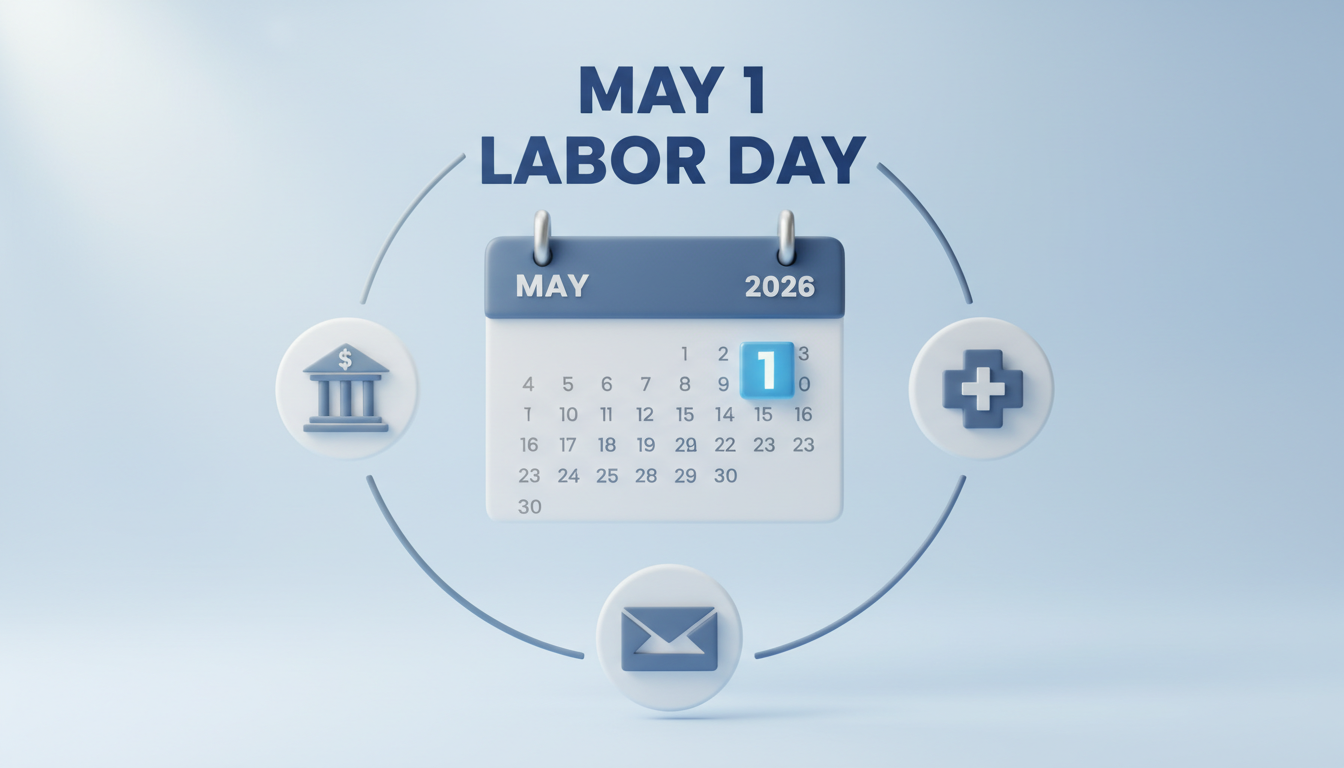 2026년 5월 1일 근로자의 날 달력과 은행, 병원, 우체국 아이콘이 배치된 3D 일러스트