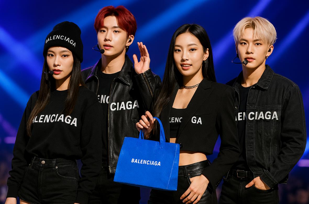K팝 아이돌이 무대에서 발렌시아가 아이템을 착용하고 공연하는 모습
