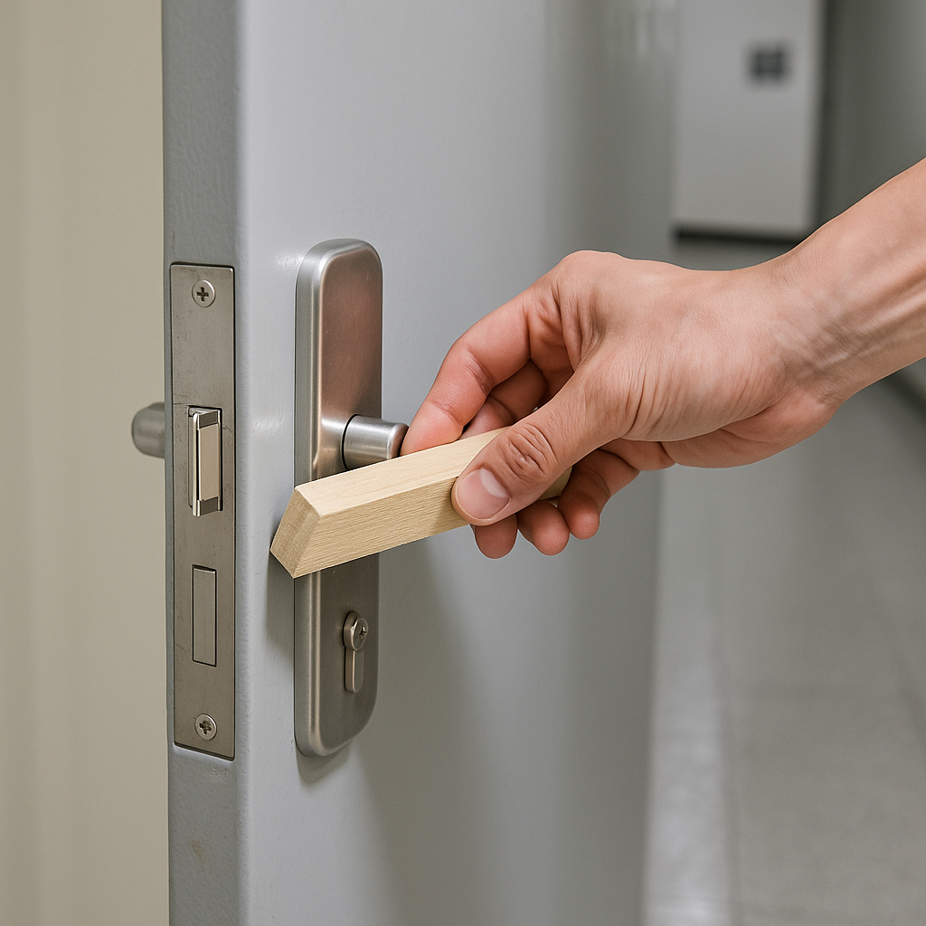 방화문 쐐기를 제거해 상시 닫힘을 유지하는 손 동작