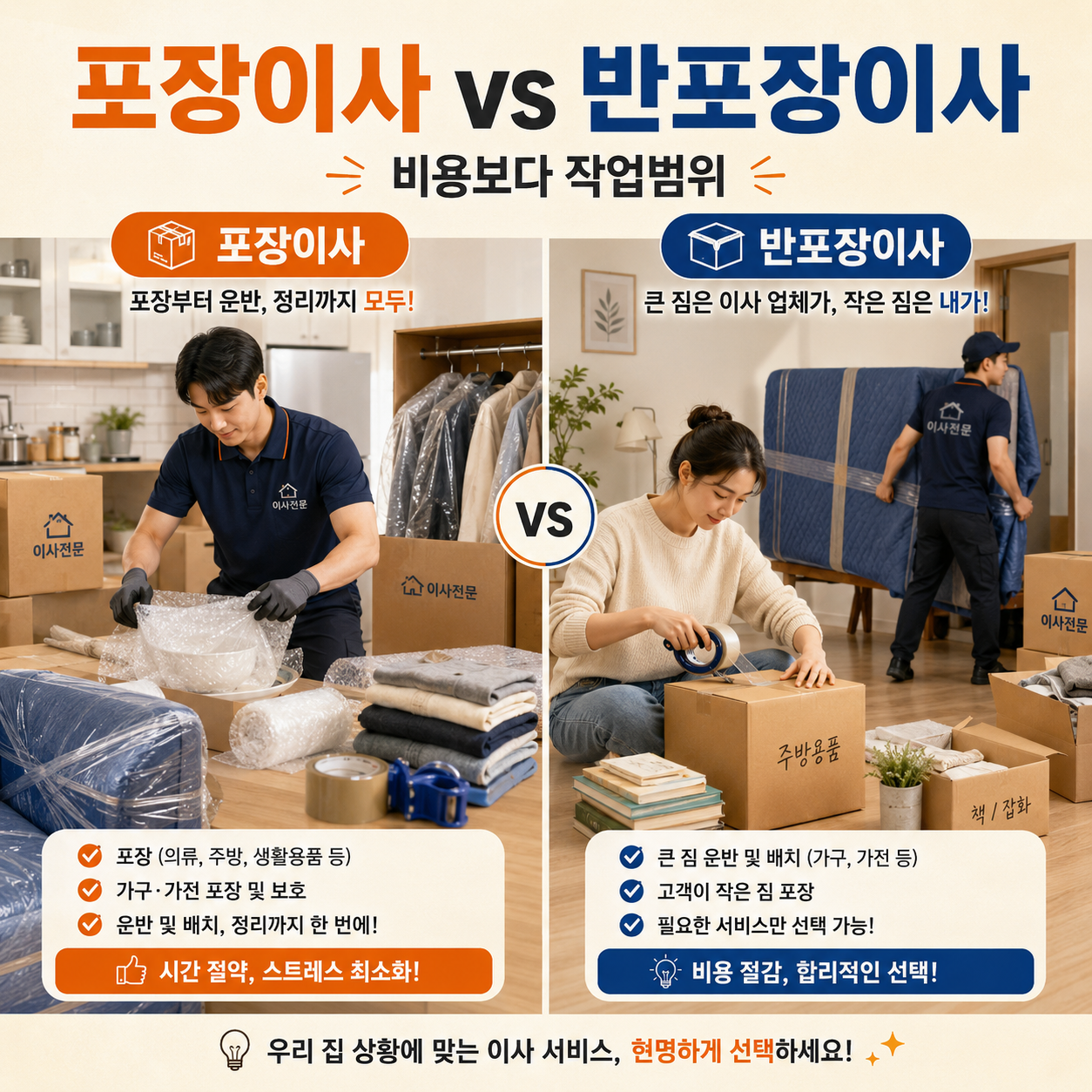 포장이사와 반포장이사의 포장 운반 정리 범위를 비교하는 이미지