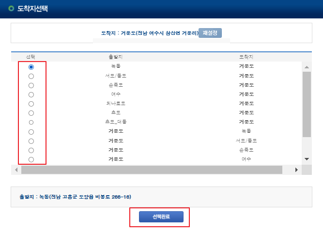거문도 차량 운임 요금
