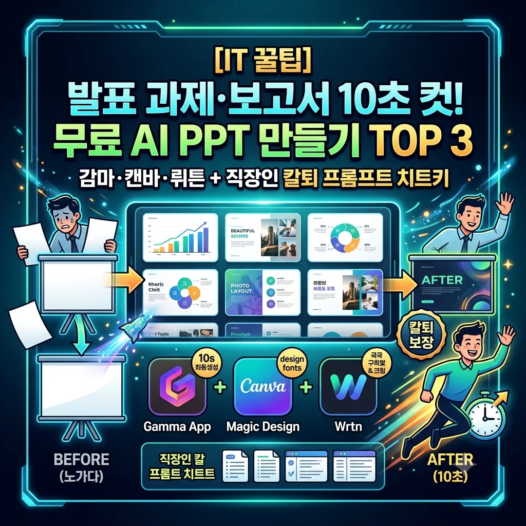 발표 과제 보고서 무료 AI PPT 만들기 사이트 TOP 3 감마 캔바 뤼튼 프롬프트 치트키 대표 썸네일