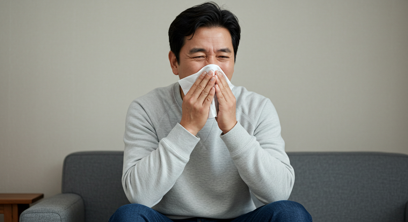 Photo of a middle-aged Korean man sneezing