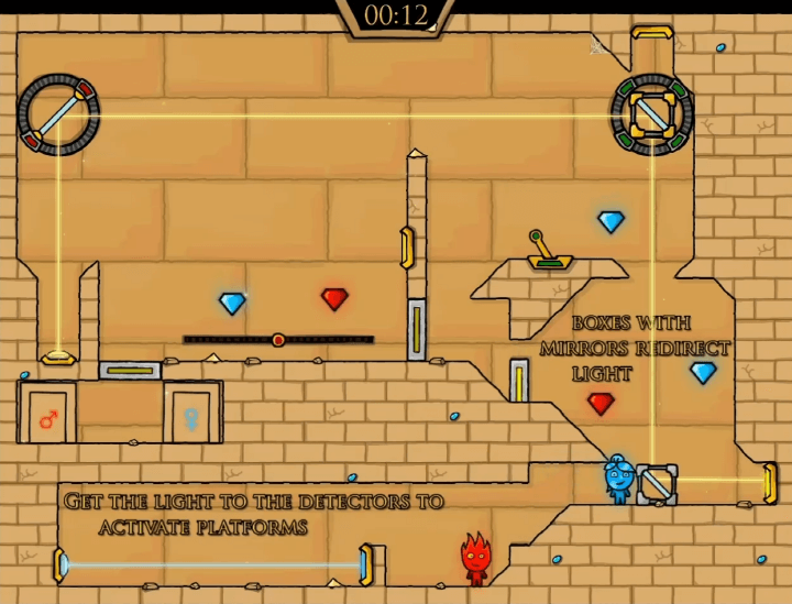 불과-물-2인용-게임하기-2-라이트템플-플레이-소녀가-반사경을-움직여-빛의-방향을-바꾸는-화면