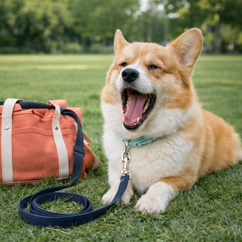 산책 후 하품하는 웰시코기