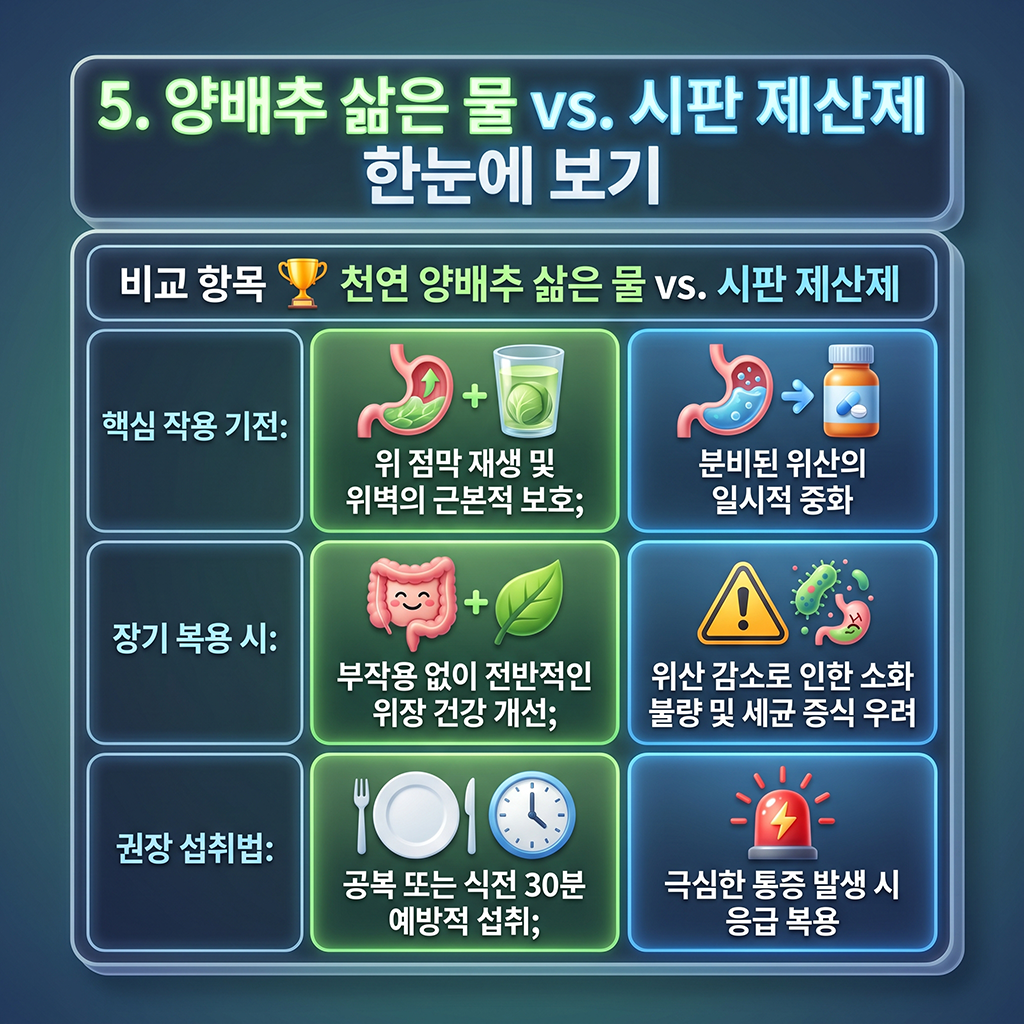 양배추 끓인 물 vs 일반 약국 제산제 한눈에 보기
