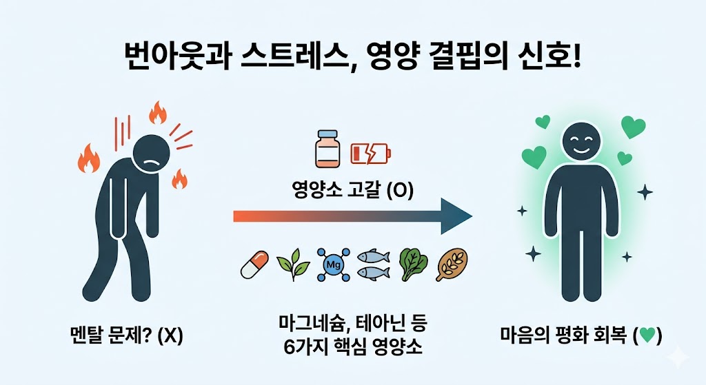 번아웃과 스트레스가 영양 결핍 신호라는 메시지를 담은 심플 인포그래픽입니다. 왼쪽에는 지친 사람과 '멘탈 문제? (X)', 중앙에는 영양소 고갈과 마그네슘, 테아닌 등 6가지 핵심 영양소 아이콘이, 오른쪽에는 회복된 행복한 사람과 '마음의 평화 회복' 텍스트가 있습니다.