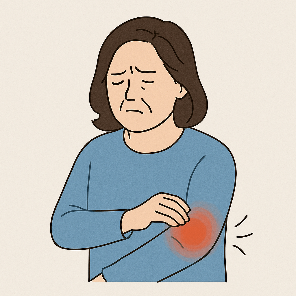 한쪽 팔만 시려서 괴로운 중년여성 이미지