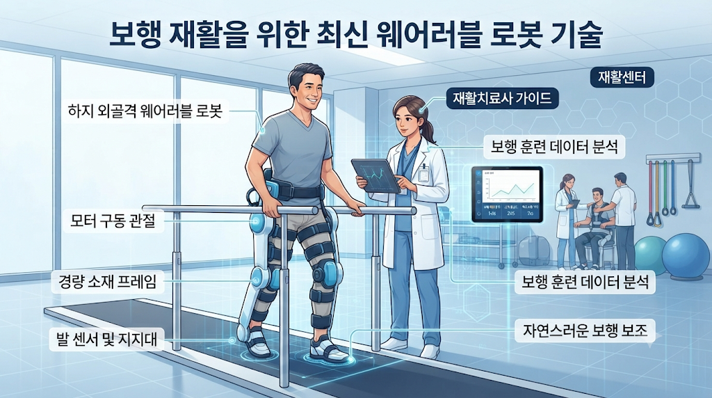 하지 외골격 재활로봇이 환자의 보행훈련을 돕는 구조를 보여주는 이미지
