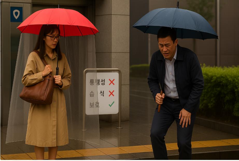 빨간·파란 우산을 든 남녀가 빗속에 서 있는 모습