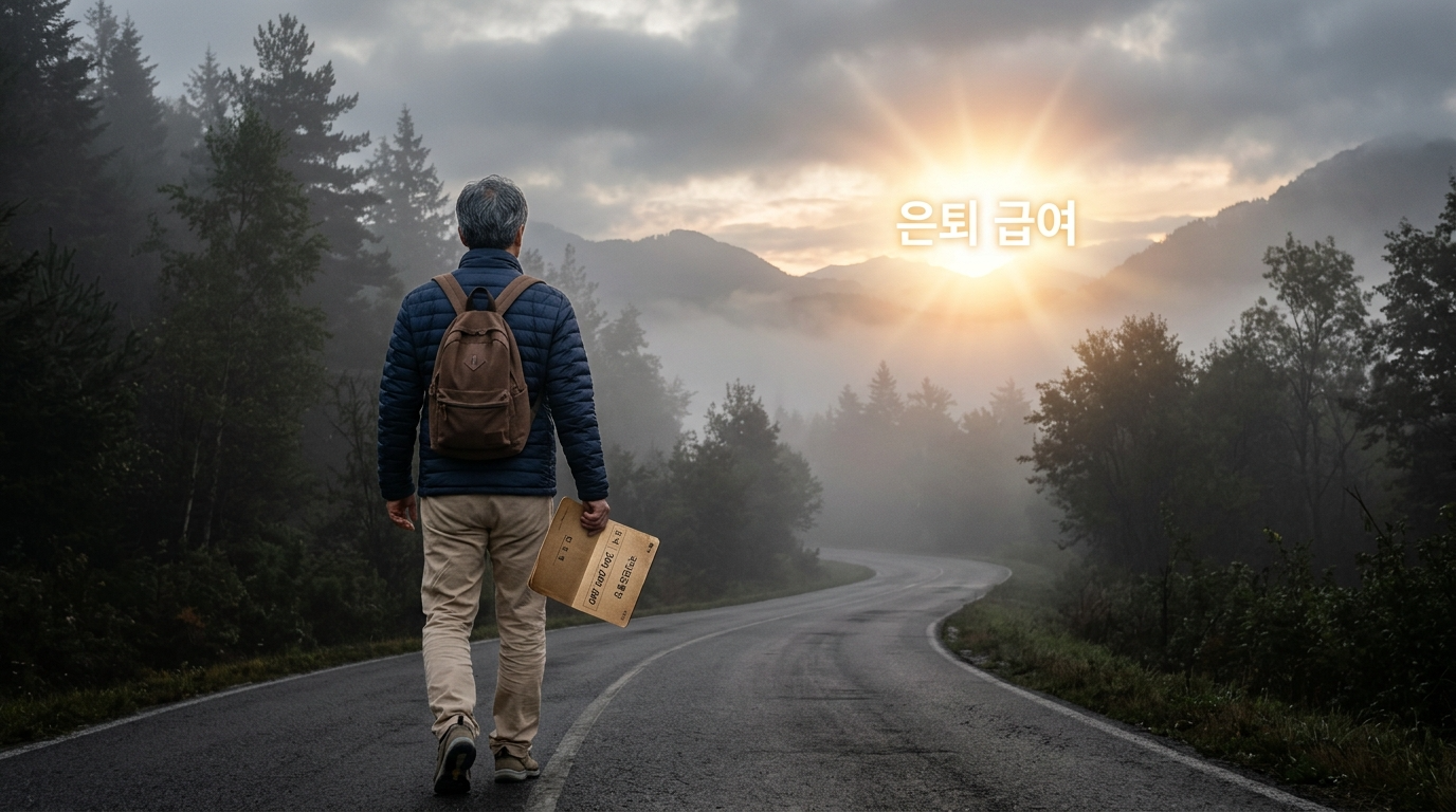 '300,000,000'이라는 숫자가 적힌 통장을 든 50대 남성의 뒷모습과, 그 앞에 끝없이 펼쳐진 안개 낀 길. 하늘에는 '은퇴 월급'이라는 태양이 구름 사이로 비치는 몽환적인 이미지