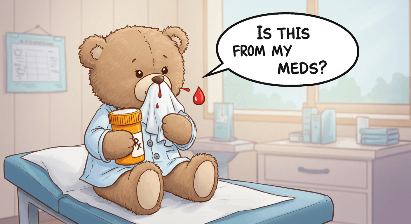 코피를 닦으며 약통을 든 곰 인형이 병원 진료실에 앉아 있는 모습