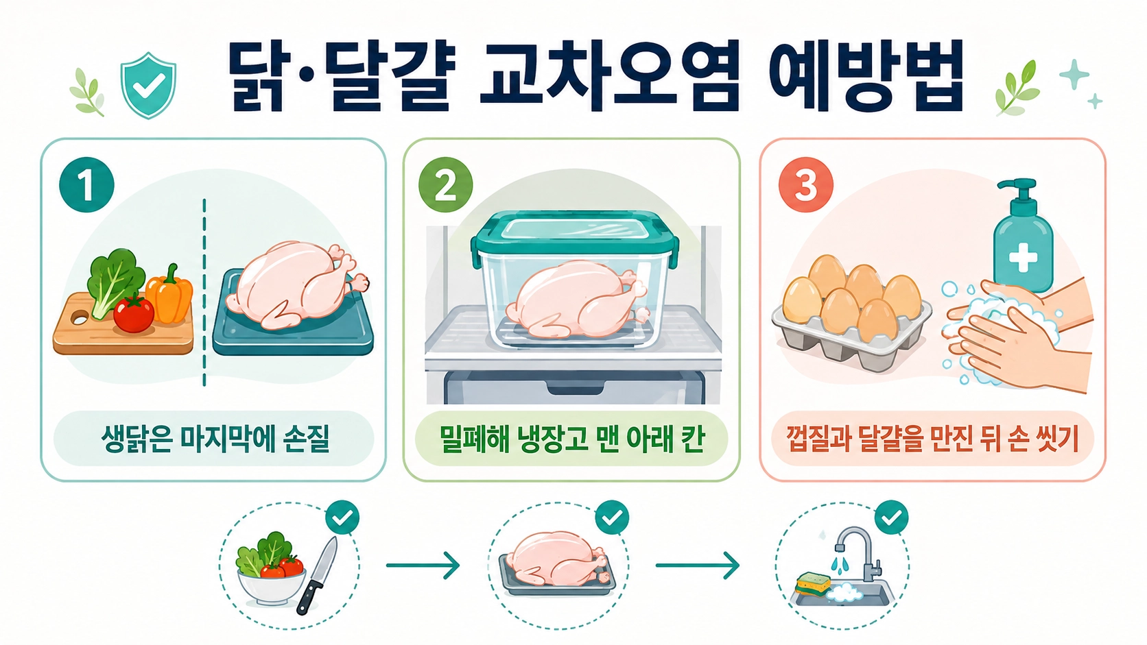 생닭은 마지막에 손질하고 냉장고 아래에 밀폐 보관하며 달걀 취급 후 손을 씻는 방법