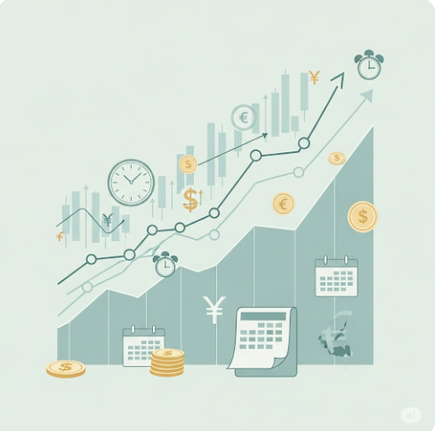 차분하고 안정적인 분위기의 투자 콘셉트 이미지. 그래프와 돈, 시간 관련 아이콘이 어우러져 장기투자와 복리의 마법을 시각적으로 표현