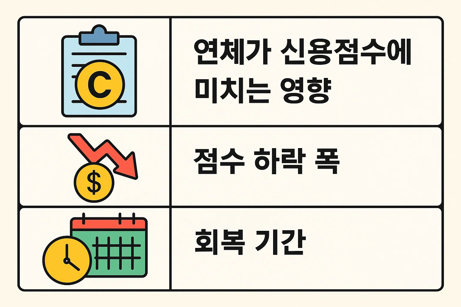 신용카드 연체 발생 시 신용점수 하락 폭과 회복 기간을 시각적으로 설명한 2025년 기준 영향도 인포그래픽