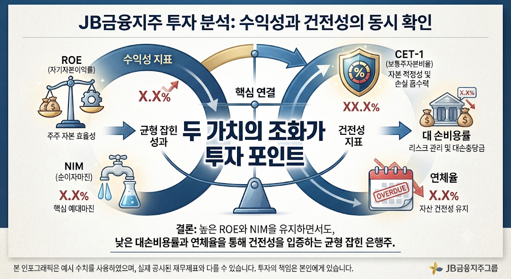 JB금융지주의 ROE와 NIM, 대손비용률, 연체율, CET-1을 함께 보여주는 금융 분석 이미지
