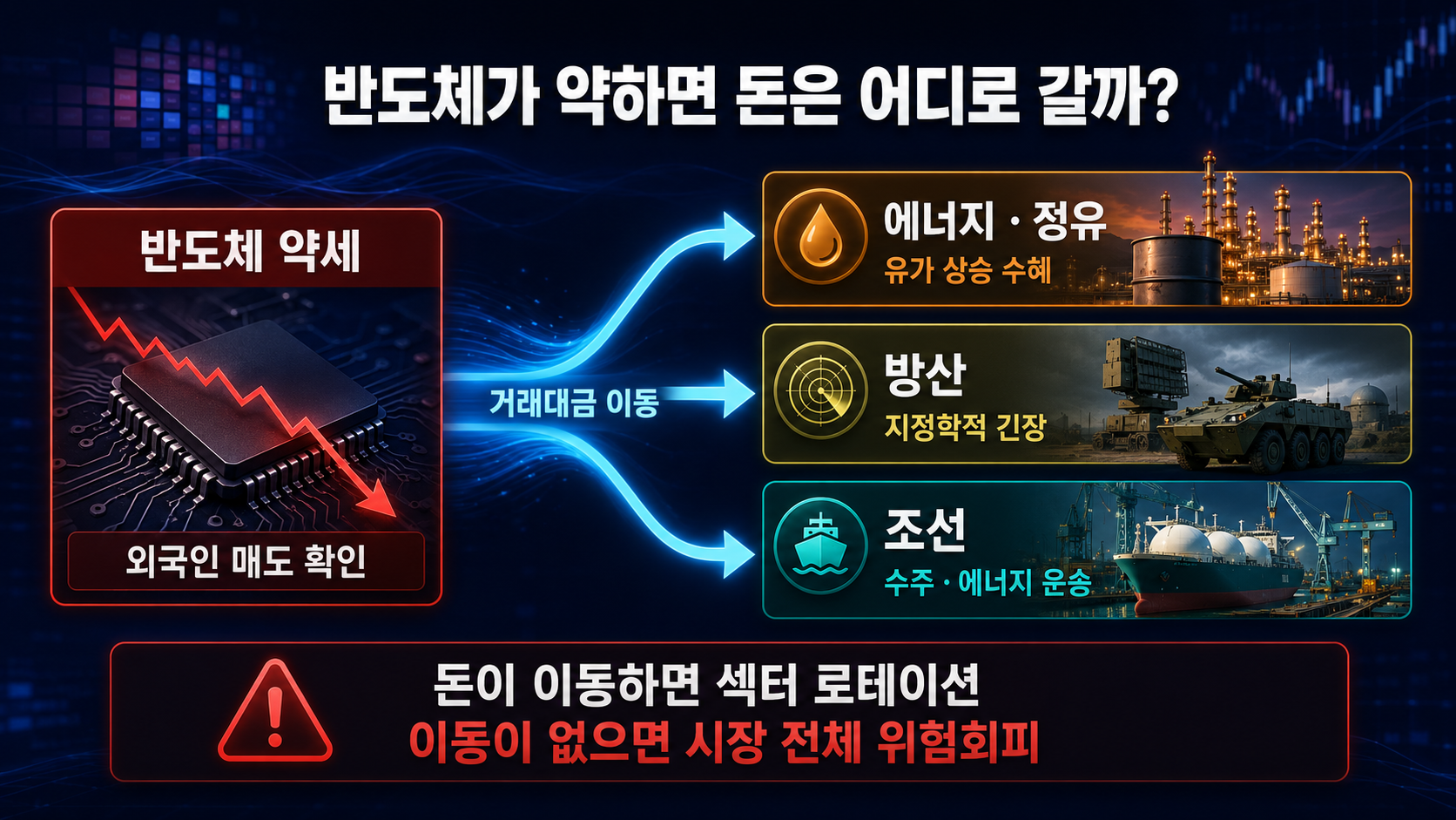 반도체 약세 에너지 정유 방산 조선 섹터 로테이션 돈의 이동