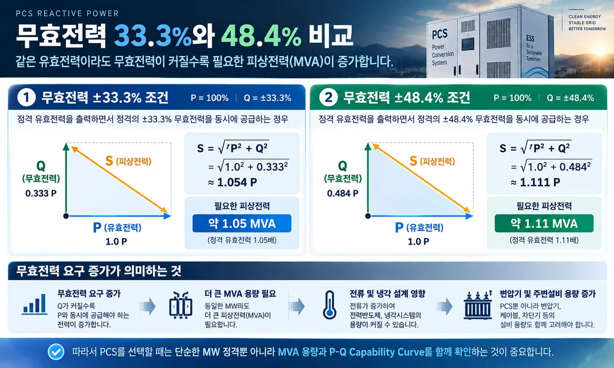 PCS 무효전력 33.3%와 48.4% 조건에 따른 피상전력 MVA 비교 인포그래픽