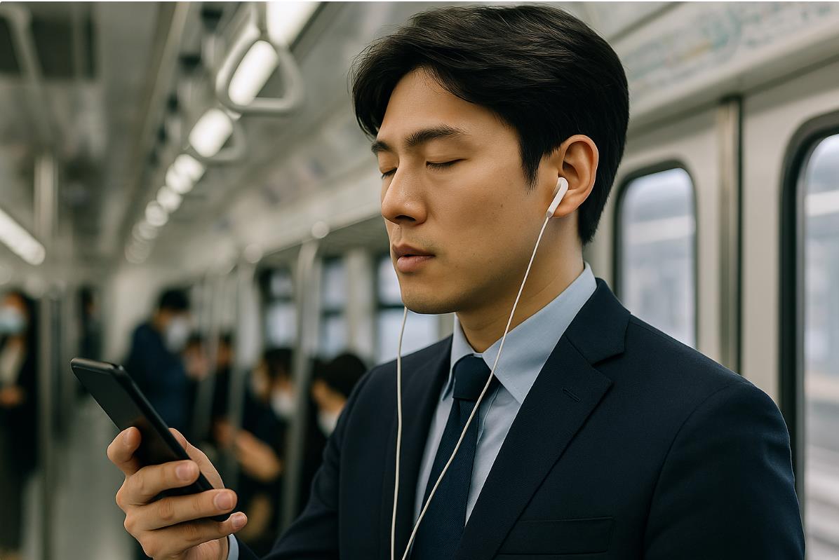 지하철 안에서 이어폰을 끼고 스마트폰 화면 대신 AI 음성 알림을 듣는 직장인