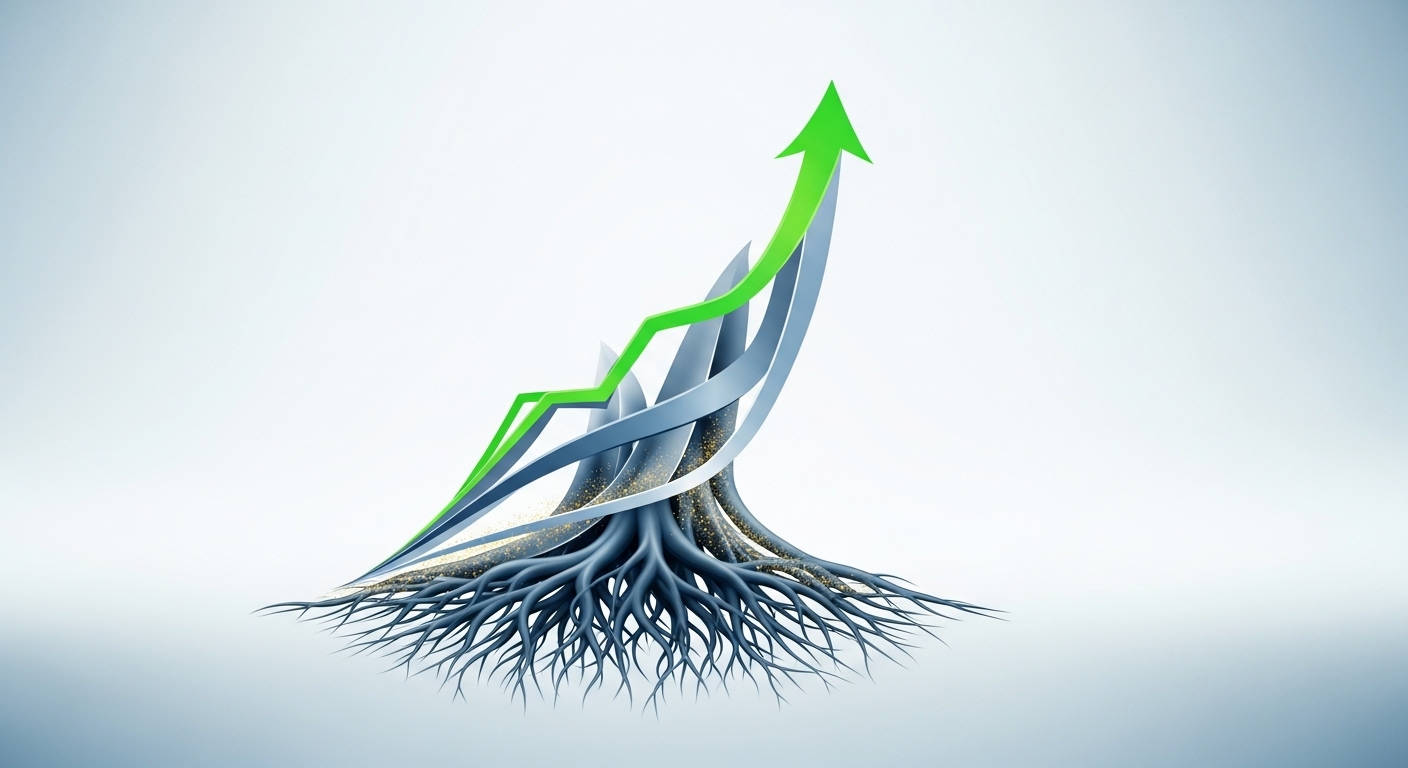 성장 가치주 투자의 중요성을 나타내는 이미지. 상승하는 그래프와 견고한 뿌리가 함께 그려져 있다.