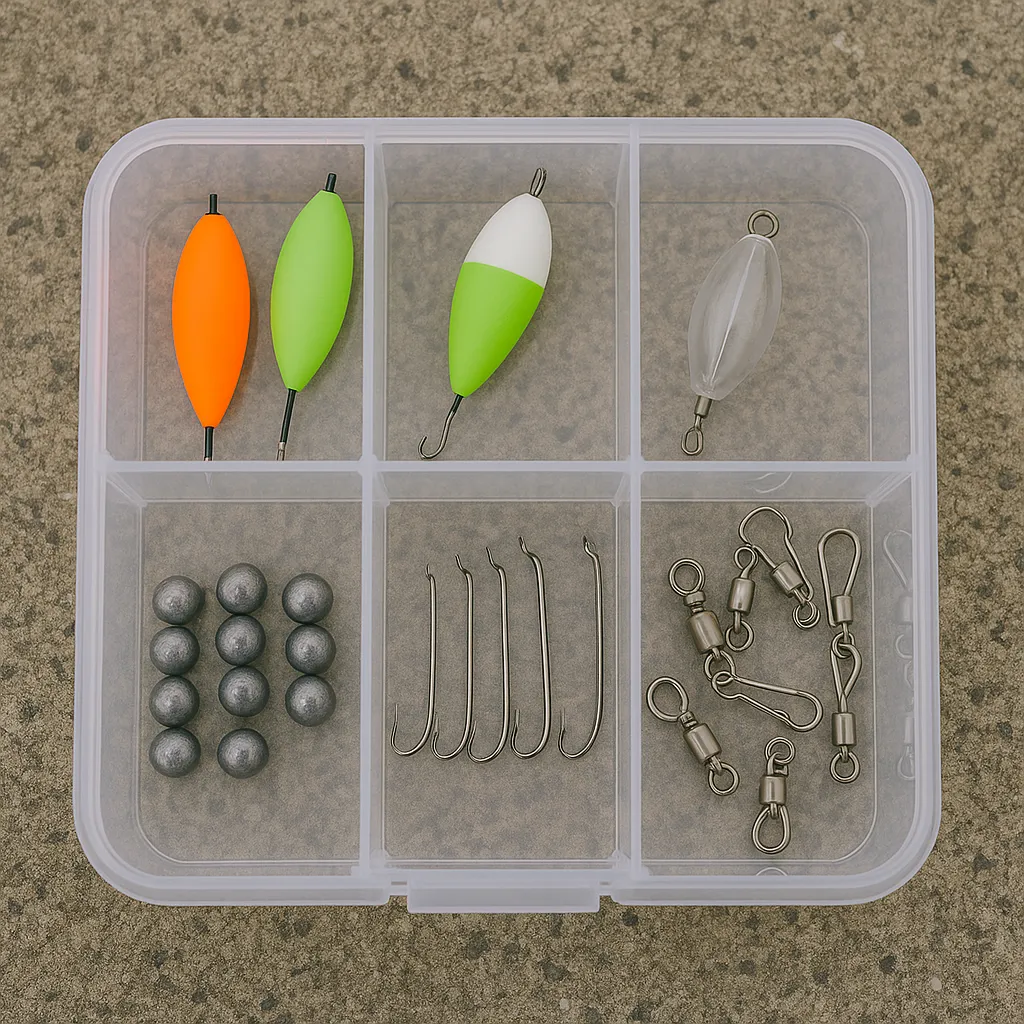 전갱이 낚시용 찌와 바늘이 정리된 투명 태클박스