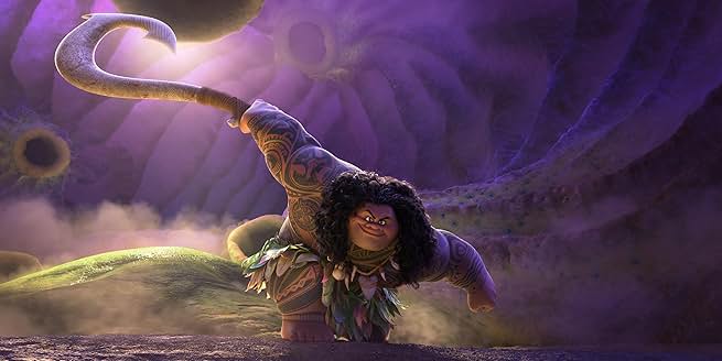 Maui wielding his magical hook in a glowing cave in Moana 2
