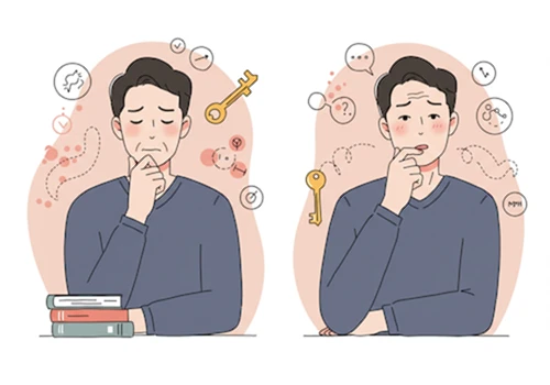 심플한 현대 일러스트 스타일로 그린&amp;#44; 남성 갱년기와 호르몬 변화를 이해하고 수용하는 중년 남성의 모습과 상징적 요소