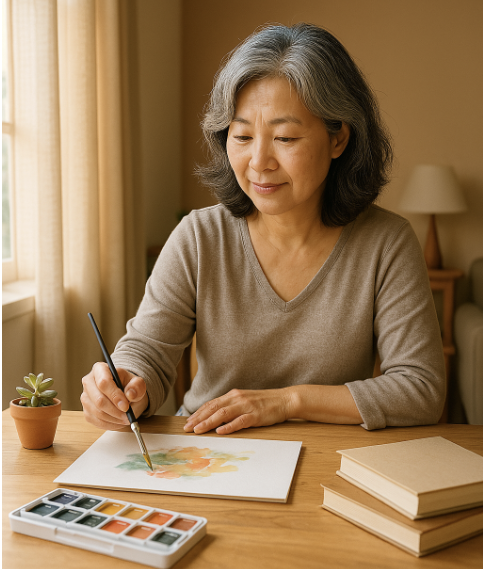 중년 여성이 취미생활로 그림을 그리는 장면