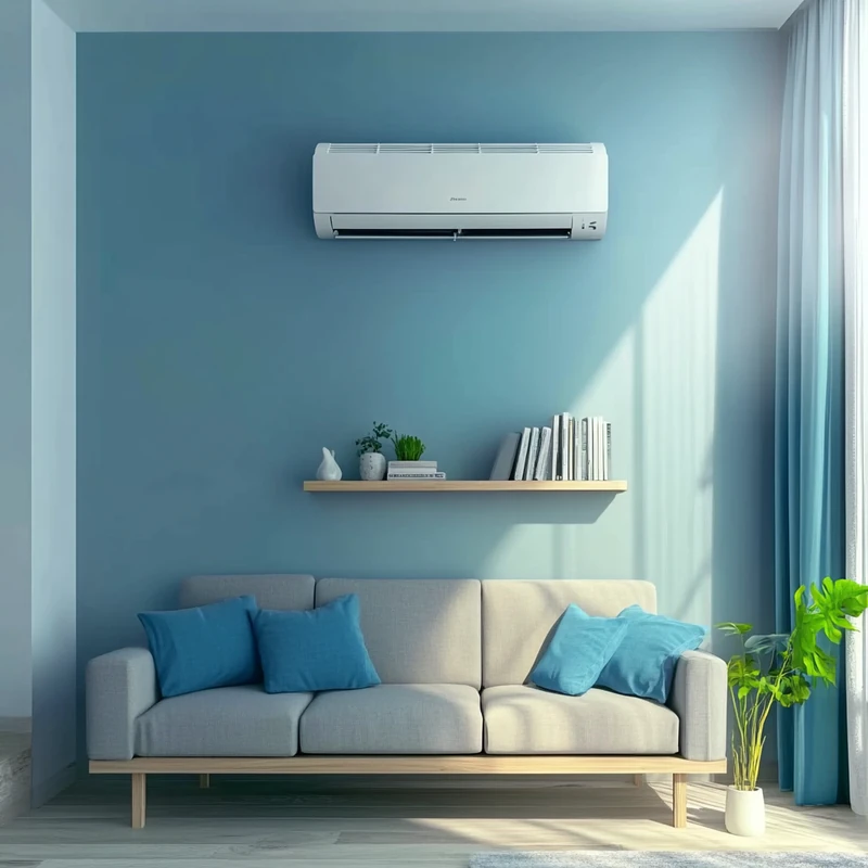 소형 아파트에서 에코 벽걸이 에어컨이 조용히 작동해요. 미니멀한 디자인과 세련된 벽면이 조화를 이룹니다.