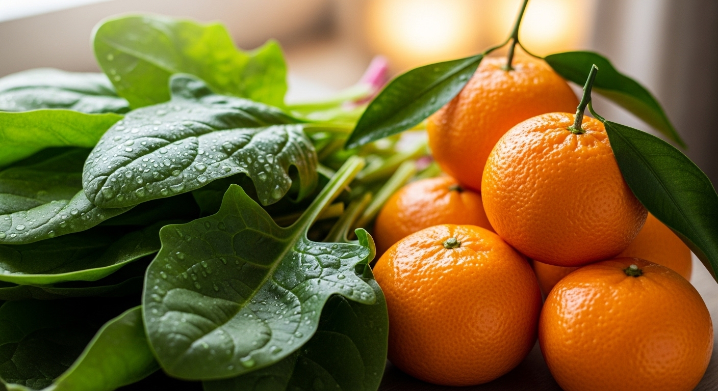 싱싱한 초록색 시금치 잎과 상큼한 주황색 귤이 함께 놓여 있는 신선한 모습