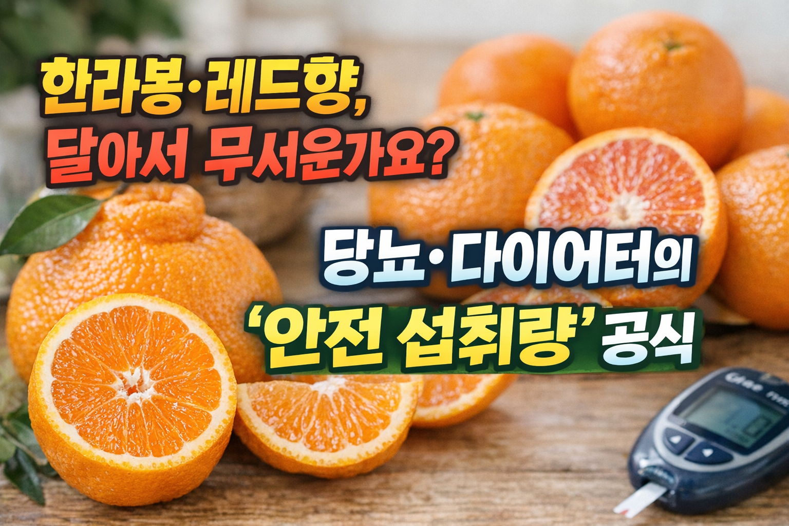 한라봉 레드향 당뇨 다이어트 안전 섭취량을 설명하는 썸네일 이미지, 만감류 과일과 혈당 측정기 연출