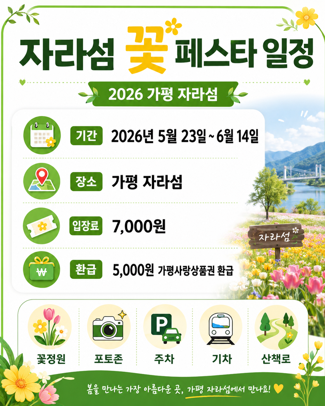 자라섬 꽃 페스타 2026 일정 정보를 정리한 AI 인포그래픽으로, 2026년 5월 23일부터 6월 14일까지의 기간, 가평 자라섬 장소, 입장료 7,000원, 5,000원 가평사랑상품권 환급 정보를 꽃정원, 포토존, 주차, 기차, 산책로 아이콘과 함께 초록색과 노란색 디자인으로 구성한 이미지.