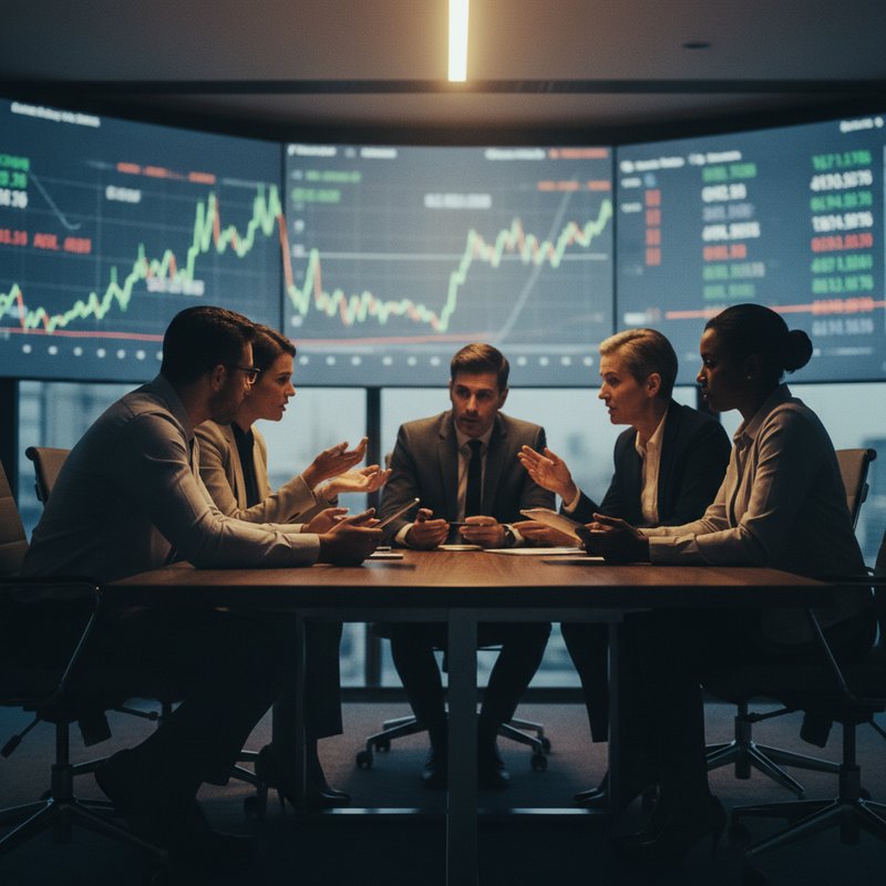 금융 전문가들의 회의 모습, 영화 스틸컷 느낌의 시네마틱 포토, 역광/필름그레인/블러 배경