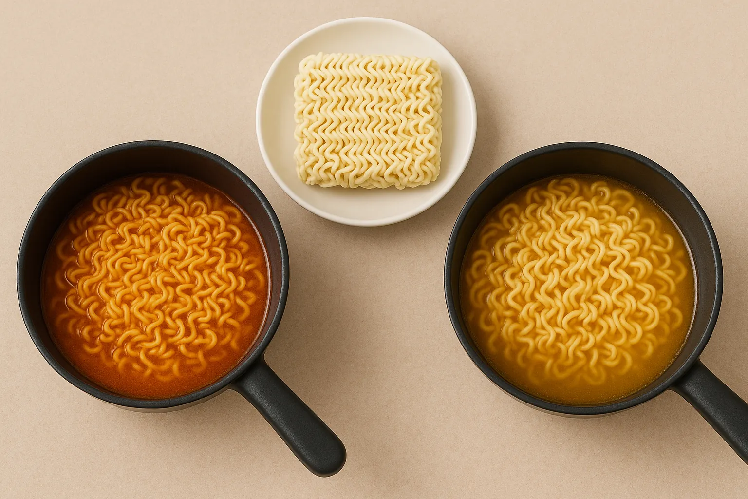 라면 조리 시 물 양이 맛의 진하고 담백함에 어떻게 영향을 주는지 시각적으로 보여주는 사진