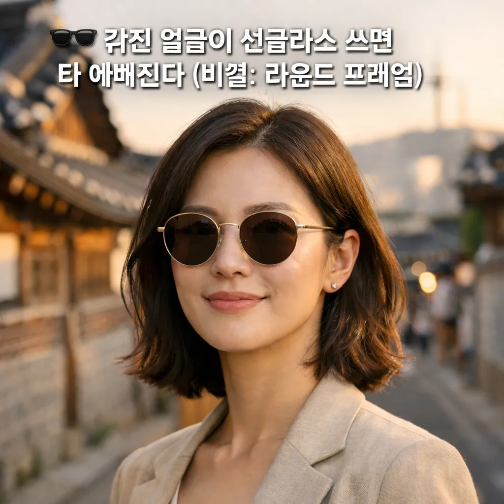 각진 얼굴형 여성이 라운드 프레임 선글라스를 착용하여 강한 인상이 부드럽고 여성스러운 이미지로 변신한 스타일링 가이드 이미지