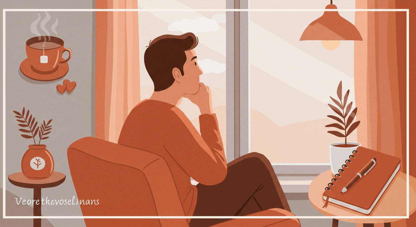 방에 남성이 혼자 않자있고 옆에는 꽃병 과 차와 노트와펜이 놓여있고 골독히 생각하는 모습