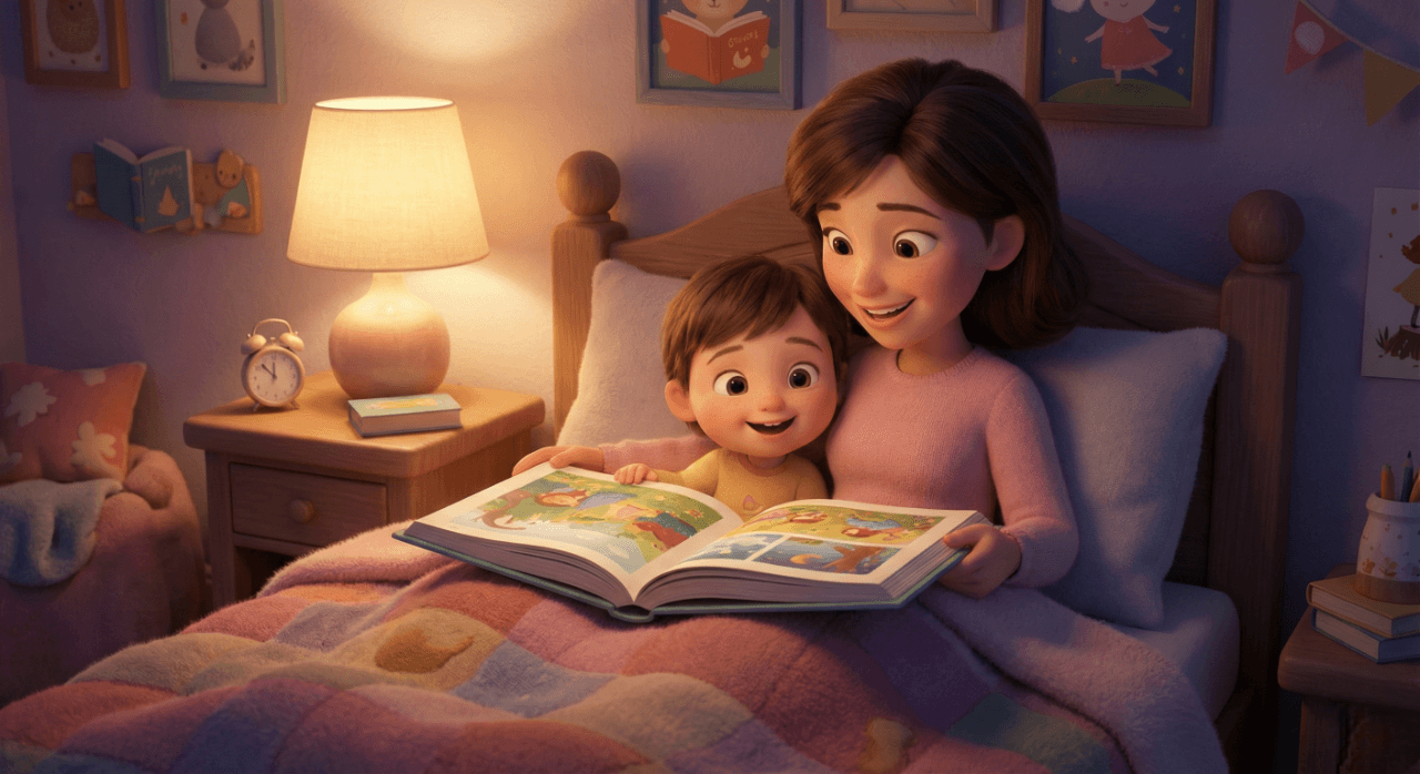 따뜻한 조명 아래 침대에서 엄마와 아이가 행복하게 그림책을 읽고 있는 모습