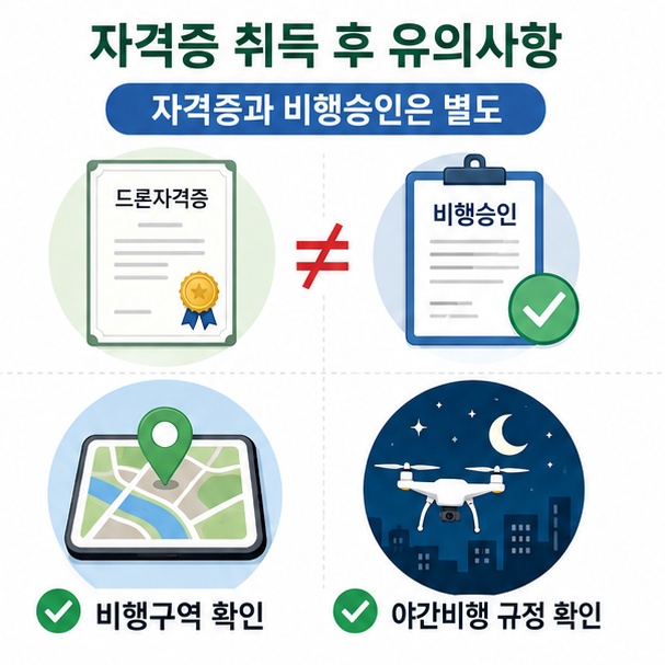 드론자격증을 취득해도 비행구역과 야간비행 등 별도의 항공안전 규정을 확인해야 함을 설명한 이미지
