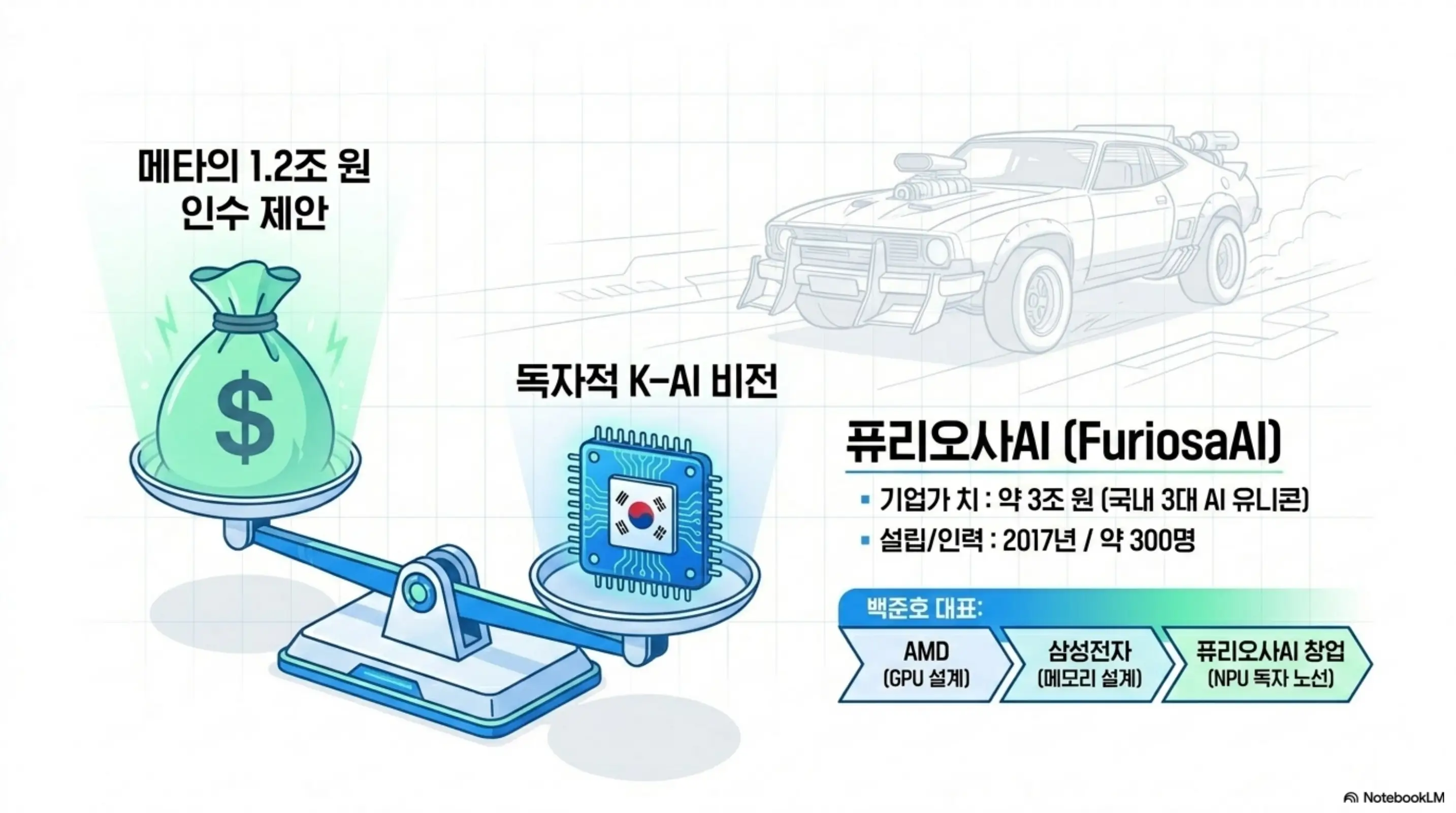 퓨리오사AI: 메타의 1.2조 원 인수 제안과 퓨리오사AI의 독자적 K-AI 비전을 저울 위에 대비시킨 인포그래픽. 기업가치 약 3조 원과 백준호 대표의 AMD&middot;삼성전자 경력을 함께 표시하여 퓨리오사AI가 인수를 거절하고 독자 노선을 선택한 배경을 설명하는 이미지 