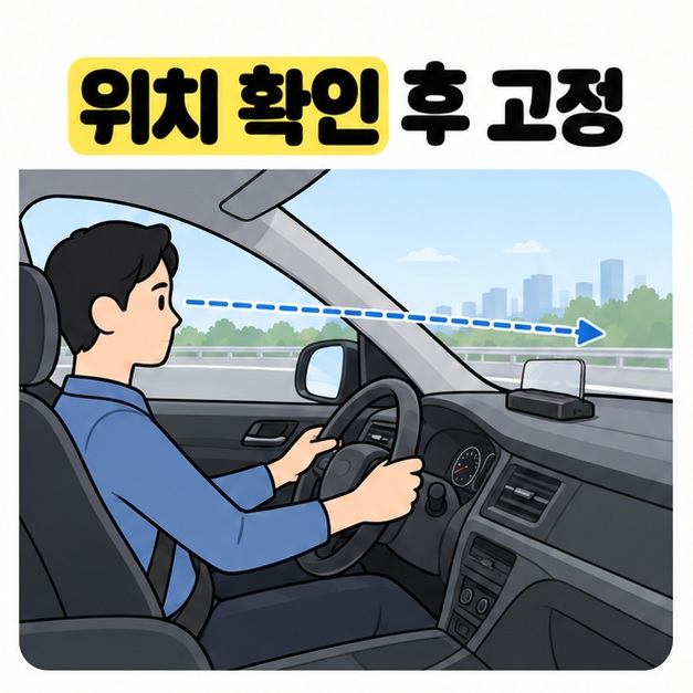 운전석에 앉은 사람의 전방 시선이 대시보드 위 HUD보다 높게 지나가는 설치 위치 확인 그림