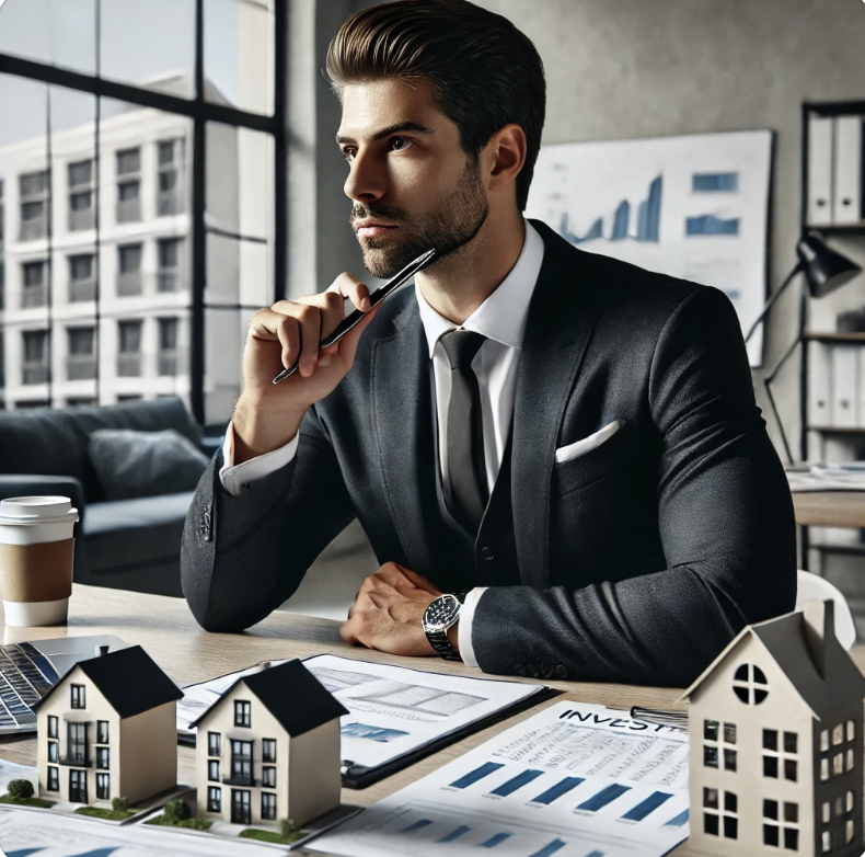 남자 직장인이 부동산 투자에 대해 고민하는 모습