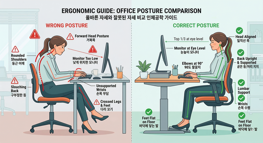 올바른 모니터 높이와 거북목 예방 자세 비교 가이드 이미지
