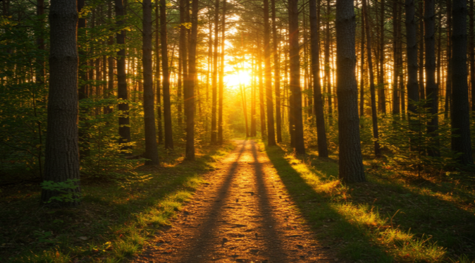 석양이 물든 숲속 오솔길.